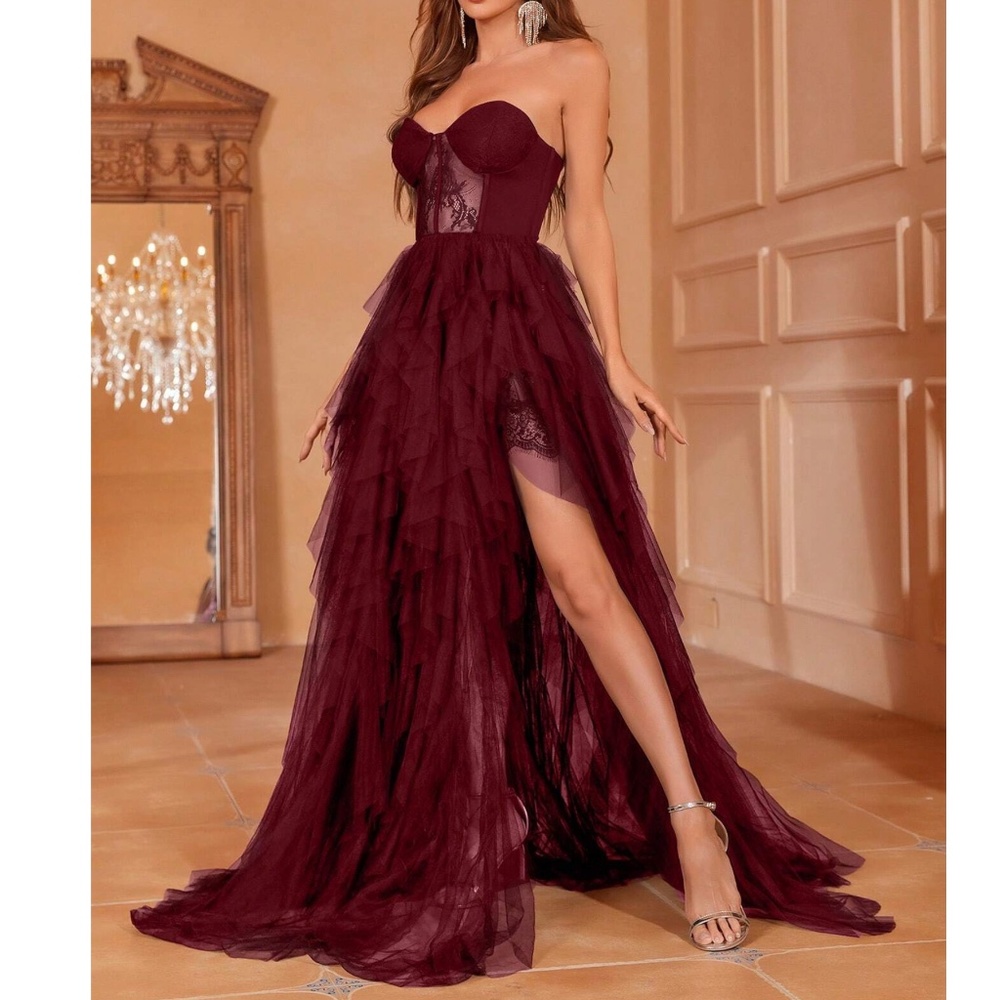 Luxe Strapless Lace Party Holiday Evening Formal Wedding Party - Picture 5 of 15